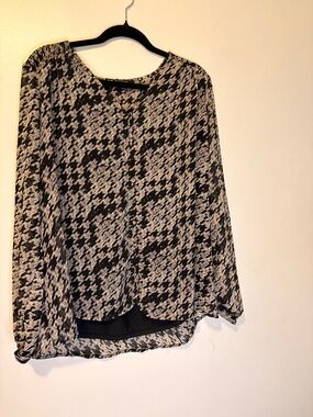 Haver London Black & Beige Houndstooth Blouse Sheer Long Sleeve Size 1X